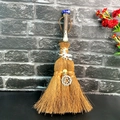 Handmade brown witch broom with blue crystal and pentagram for home decor - Deep Blue Stone Pentagram Style (08)