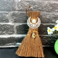 Close-up of mini Wicca broom with silver moon charm and yellow crystal pendant - Moon Pearl Style (Style 5)