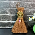 Detail of mini Wicca witch broom with gold pentacle symbol and crystal drop pendant - Triple Goddess Tree of Life Style (Style 8)