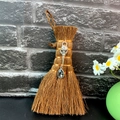 Close-up of wicca mini broom car charm with bird skull pendant and grey crystal drop - Bird Skull Style (Style 9)