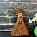 Detail view of mini witch broom car pendant with Wiccan pentagram and purple crystal - Triple Goddess Style (Style 11)