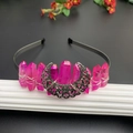 Handmade crown with pink crystal stones and silver crescent moon on a black headband - Rose Red