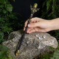 Natural crystal magic wand with gold bee and moon phase symbols for ritual decor - Jadeite Little Bee