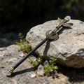 Bohemian crystal magic wand with angel wings and moon crescent on natural stone - Rose Quartz Moon