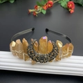 Bohemian black moon crown headband with orange natural raw crystals and silver metal wrap - Brown