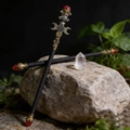 Gothic ritual wand set with crystal, skull and moon symbols on natural stone background - Red Aventurine Moon