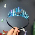 Handmade triple moon crown featuring blue aura quartz crystals on a black metal headband - Blue Black