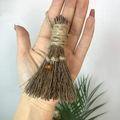 Close-up of handmade mini broom keychain with natural twigs and orange bead detail - Natural Wood Broom + Red Agate / 10cm
