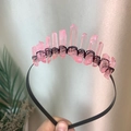 Pink crystal crown headband with hand-wrapped black wire on a sleek metal hoop - Pink