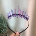 Macro detail of natural pink crystal clusters hand-wrapped on a black bohemian headband - Pale Blue