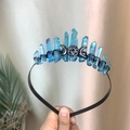 Detail of blue aura quartz crown with gothic moon and pentagram symbols on black headband - AB Blue Crystal Black Wire