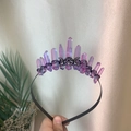Detail of handmade gothic moon crown with purple aura crystals and black metal frame - Pink Blue Crystal Black Wire