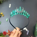 Detail of handmade green crystal quartz crown with silver triple moon on a black headband - Green Crystal Black Wire