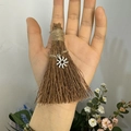 Close-up of handmade mini broom decoration with silver sun charm and natural twigs - Natural Wood Broom + Sunflower / 10cm