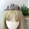 Bohemian raw purple crystal crown with silver moon and chain tassels on a model - Amethyst