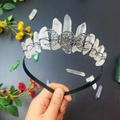 Handmade Triple Moon Goddess crown with raw white crystal quartz in bohemian mystic style - White