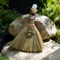 Detail of handcrafted mini witch broom with natural straw, crystals and a brass bee charm - Bronze Bee + Aquamarine