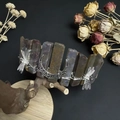 Detail of handmade crystal headband with dragonfly accents and silver crescent moon - India Agate