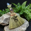 Miniature magic altar broom with natural fiber bristles and bronze dragon pendant - Dragon + Lapis Lazuli