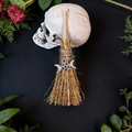 Miniature witch broom with pentagram charm and natural straw for Halloween altar decor - Triple Moon Pendant