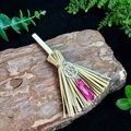 Detail of mini witch broom with pink crystal point and metal pentagram on natural bark - 13cm / Pentagram + Rose Red Crystal