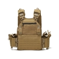 Detail of Coyote Brown tactical vest featuring laser-cut MOLLE system and quick-release buckles - Tan