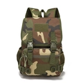 Close-up of tactical camouflage backpack with double buckle flap and front zipper pocket - 20-35L / Jungle Camouflage