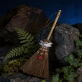 Mini-Hexenbesen-Anhänger mit Libellen-Dekor und rotem Edelstein auf Moosfelsen - Silber Libelle Roter Kristall