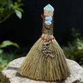 Mini witch broom with blue crystal top, colored ropes, and natural gemstone decor - Bronze Witch + Fluorite