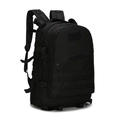 Detail view of black tactical backpack showing MOLLE system webbing and side buckle - Black