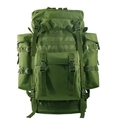 Detail of 80L tactical military backpack showing MOLLE webbing system and side pockets - Army Green