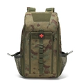 Detail view of camouflage tactical medical backpack with durable nylon fabric and side mesh pocket - Ruins Green