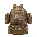 Detail view of tactical camo backpack with MOLLE system and detachable modular pouches - 36-55L / Python Mud