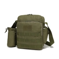 Detail view of military green tactical sling bag featuring MOLLE system and side bottle pocket - Army Green