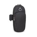 Detail view of black sports arm band with double zippers and earphone jack icon - Black