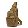 Detail of coyote brown tactical chest bag with MOLLE webbing and durable nylon fabric - Tan