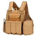 Detail of desert tan tactical vest featuring MOLLE webbing system and utility pouches - Tan
