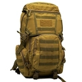 Detail showing tactical MOLLE webbing and durable khaki nylon fabric on the outdoor backpack - 20-35L / Tan