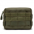 Detail view of military green tactical pouch with MOLLE webbing and velcro panel features - Army Green