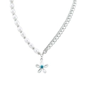 Titanium steel necklace with imitation pearls and hollow flower pendant with blue gem - Blue Sapphire Flower Pearl Stitched Style (XYN0164)