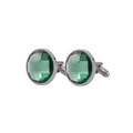 Polished silver stainless steel round cufflinks with dark green crystal for men - Green