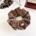 Brown vintage paisley pattern oversized scrunchie with cream decorative button - Coffee/Brown