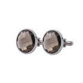 Polished silver stainless steel cufflinks with dark grey crystal inlays for men - Tan