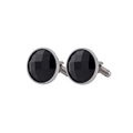 Mens round silver cufflinks with faceted black crystal inlay for formal business attire - Black
