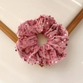Pink velvet scrunchie with shiny sequins and elegant ruffles for hair styling - Pink