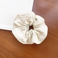 French vintage beige PU leather hair scrunchie with soft pleated texture on wood - Large / Off White