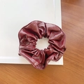 Elegant wine red PU leather scrunchie with pleated texture and glossy finish - Large / Burgundy