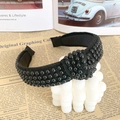 Elegant wide headband with glossy black beads and vintage wave design for women - Black