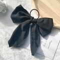 Elegant oversized black chiffon bow hair scrunchie on a soft white decorative surface - Black
