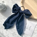 Elegant navy blue chiffon bow hair tie with streamers for ponytail styling - Navy Blue